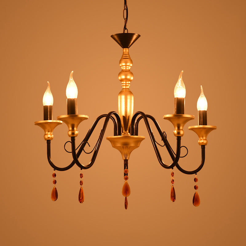 Metal Black-Gold Hanging Light Candelabra 3/5/8 Heads Farmhouse Pendant Chandelier with Amber Crystal Drape Clearhalo 'Ceiling Lights' 'Chandeliers' Lighting' options 1918885