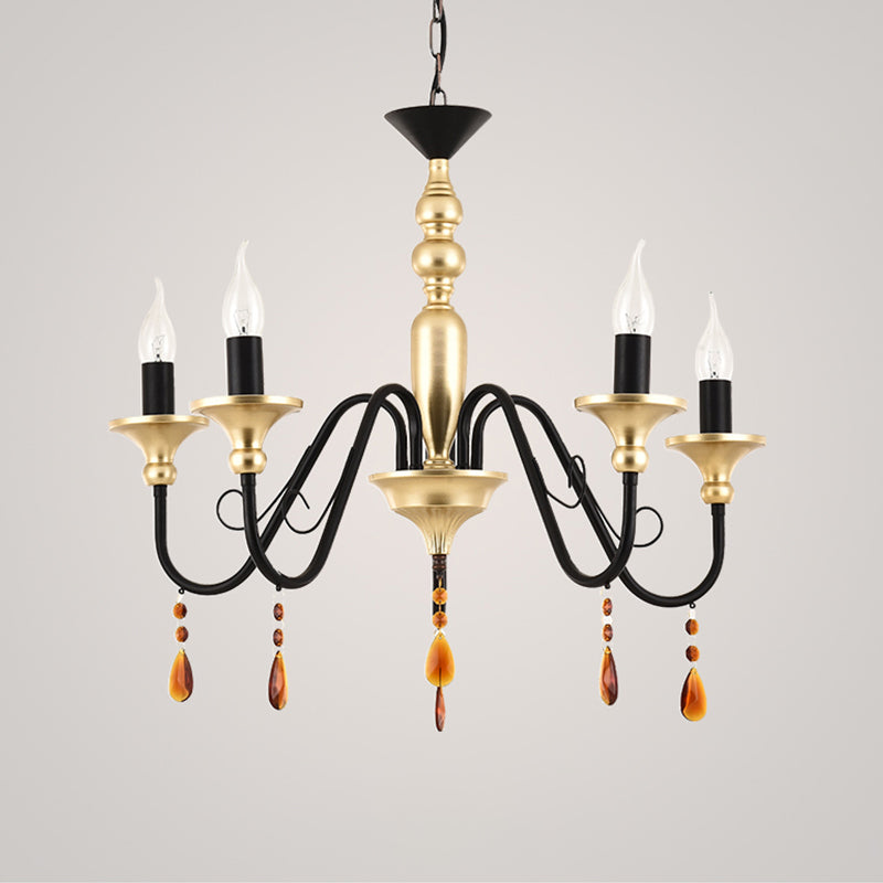 Metal Black-Gold Hanging Light Candelabra 3/5/8 Heads Farmhouse Pendant Chandelier with Amber Crystal Drape Clearhalo 'Ceiling Lights' 'Chandeliers' Lighting' options 1918886