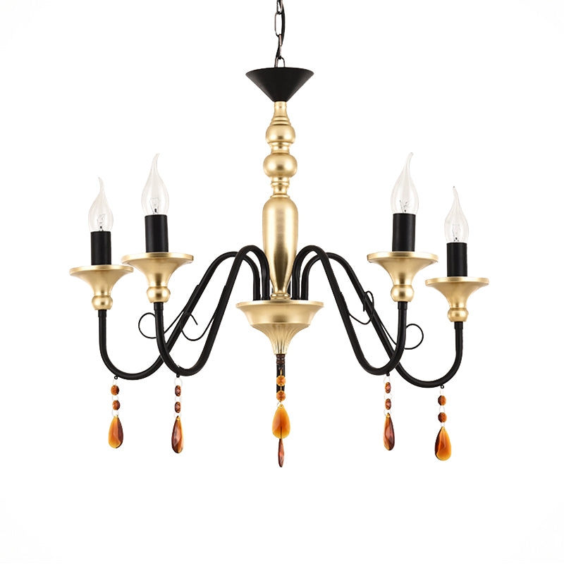 Metal Black-Gold Hanging Light Candelabra 3/5/8 Heads Farmhouse Pendant Chandelier with Amber Crystal Drape Clearhalo 'Ceiling Lights' 'Chandeliers' Lighting' options 1918887