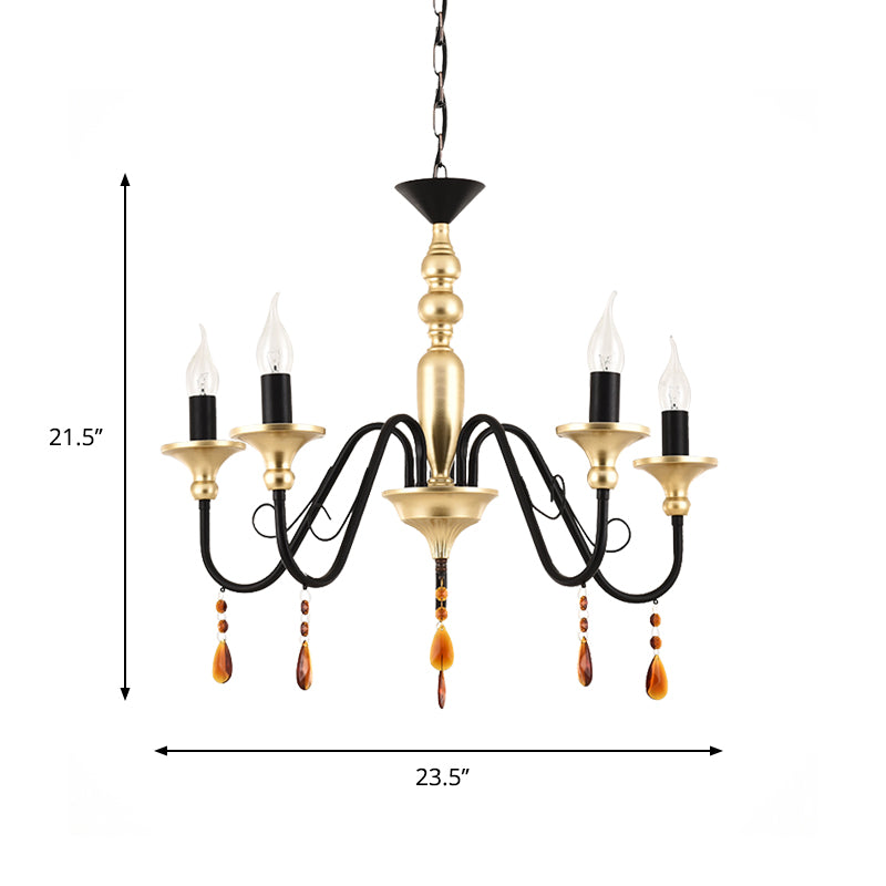 Metal Black-Gold Hanging Light Candelabra 3/5/8 Heads Farmhouse Pendant Chandelier with Amber Crystal Drape Clearhalo 'Ceiling Lights' 'Chandeliers' Lighting' options 1918888