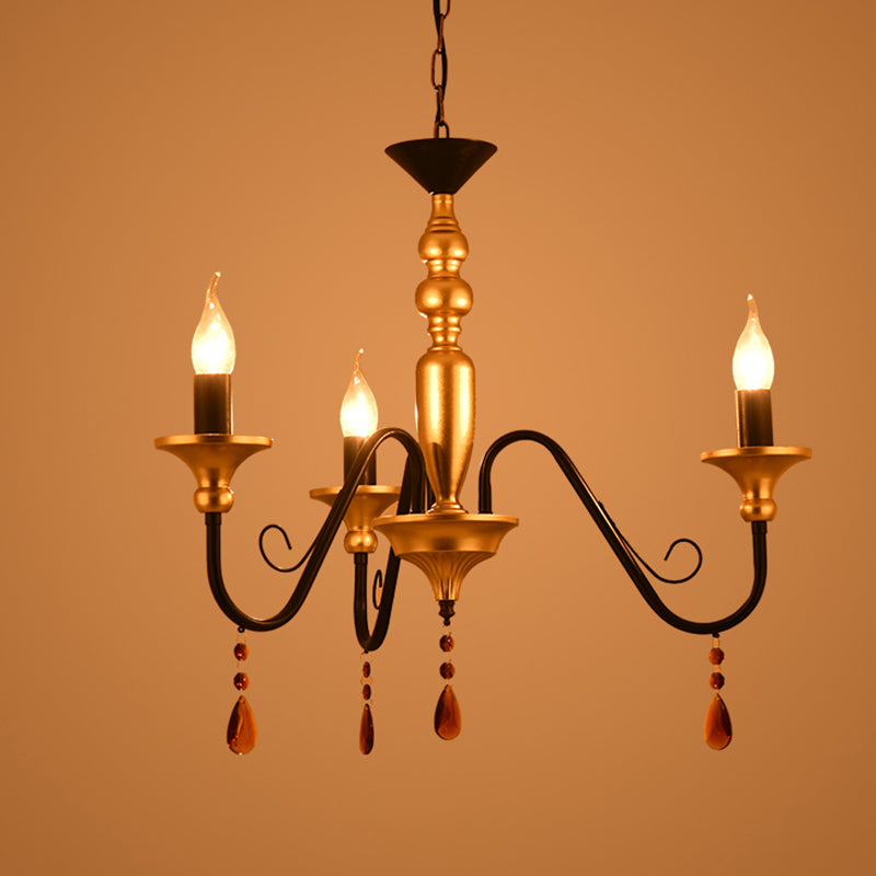 Metal Black-Gold Hanging Light Candelabra 3/5/8 Heads Farmhouse Pendant Chandelier with Amber Crystal Drape Clearhalo 'Ceiling Lights' 'Chandeliers' Lighting' options 1918889