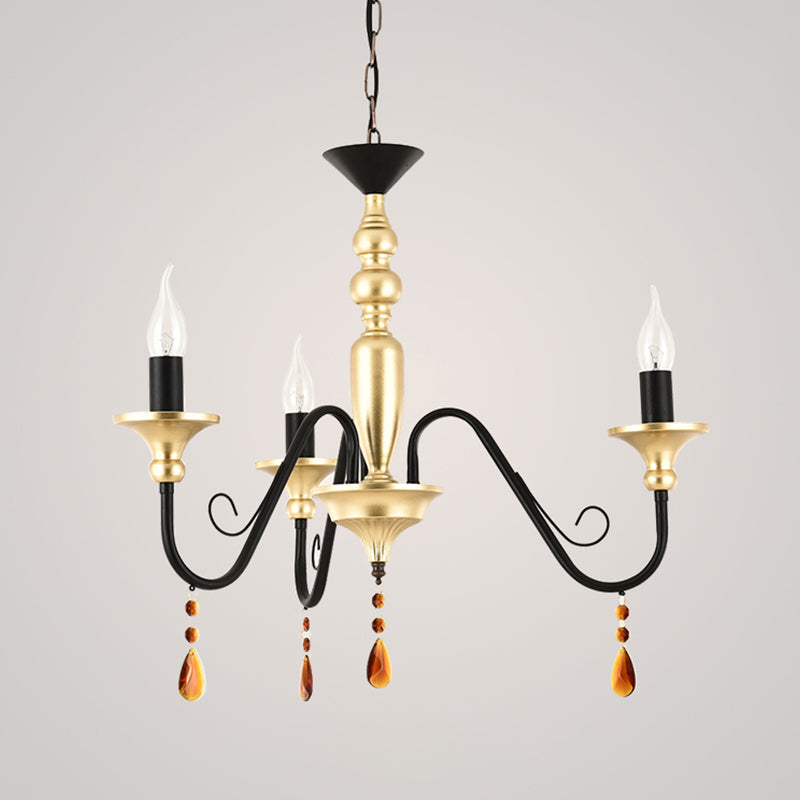 Metal Black-Gold Hanging Light Candelabra 3/5/8 Heads Farmhouse Pendant Chandelier with Amber Crystal Drape Clearhalo 'Ceiling Lights' 'Chandeliers' Lighting' options 1918890