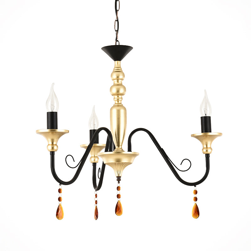 Metal Black-Gold Hanging Light Candelabra 3/5/8 Heads Farmhouse Pendant Chandelier with Amber Crystal Drape Clearhalo 'Ceiling Lights' 'Chandeliers' Lighting' options 1918891