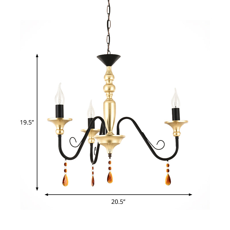 Metal Black-Gold Hanging Light Candelabra 3/5/8 Heads Farmhouse Pendant Chandelier with Amber Crystal Drape Clearhalo 'Ceiling Lights' 'Chandeliers' Lighting' options 1918892