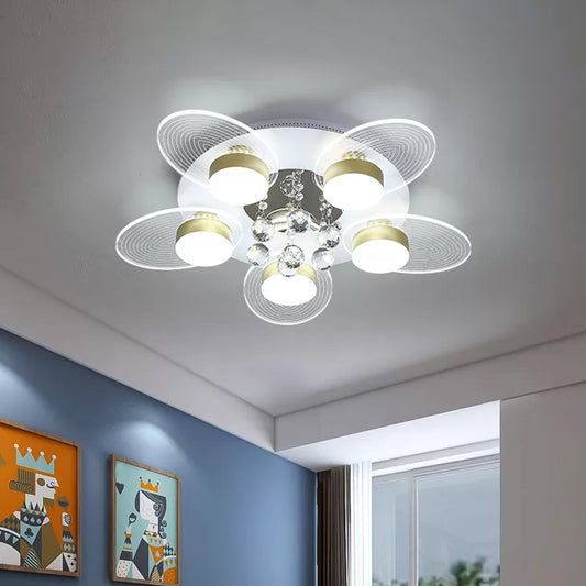 Contemporary Floral Flush Light Crystal 5 Bulbs Bedroom LED Ceiling Lighting in White with Clear Glass Panel, Warm/White Light White Clearhalo 'Ceiling Lights' 'Close To Ceiling Lights' 'Close to ceiling' 'Flush mount' Lighting' 1918905