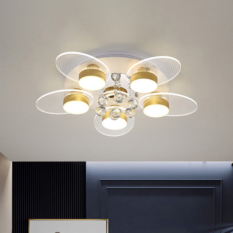 Contemporary Floral Flush Light Crystal 5 Bulbs Bedroom LED Ceiling Lighting in White with Clear Glass Panel, Warm/White Light Clearhalo 'Ceiling Lights' 'Close To Ceiling Lights' 'Close to ceiling' 'Flush mount' Lighting' 1918906