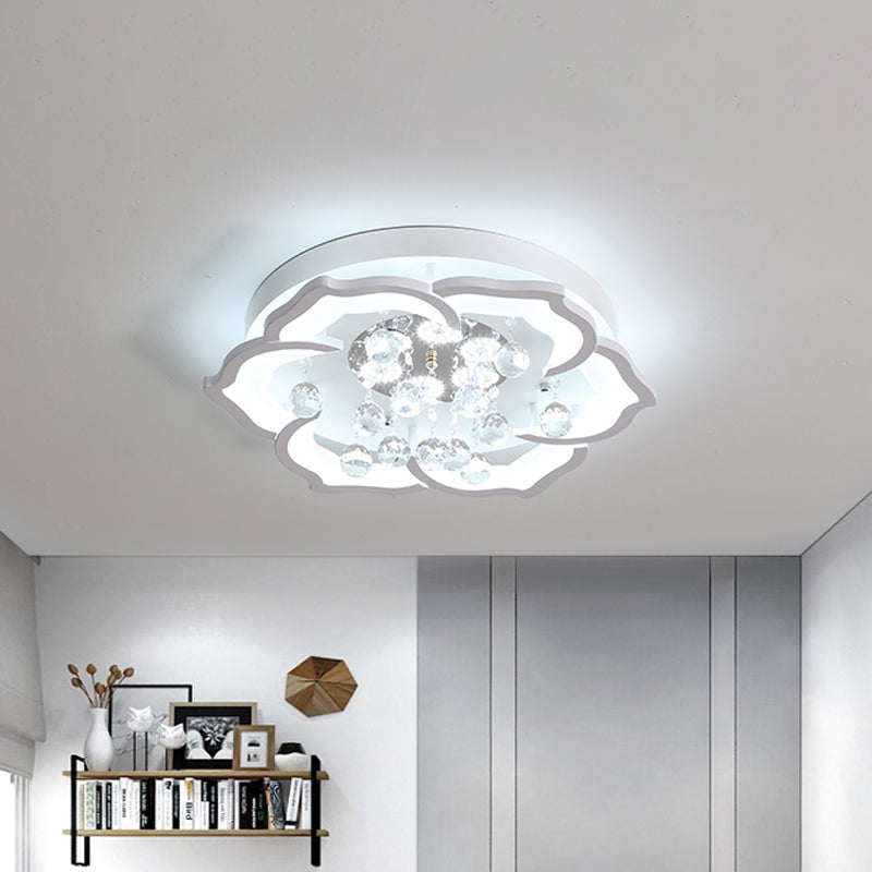 LED Bedroom Flushmount Lighting Simple White Finish Crystal Ceiling Light Fixture with Bloom Acrylic Shade in Warm/White Light, 21.5"/25.5" W Clearhalo 'Ceiling Lights' 'Close To Ceiling Lights' 'Close to ceiling' 'Flush mount' Lighting' 1918926