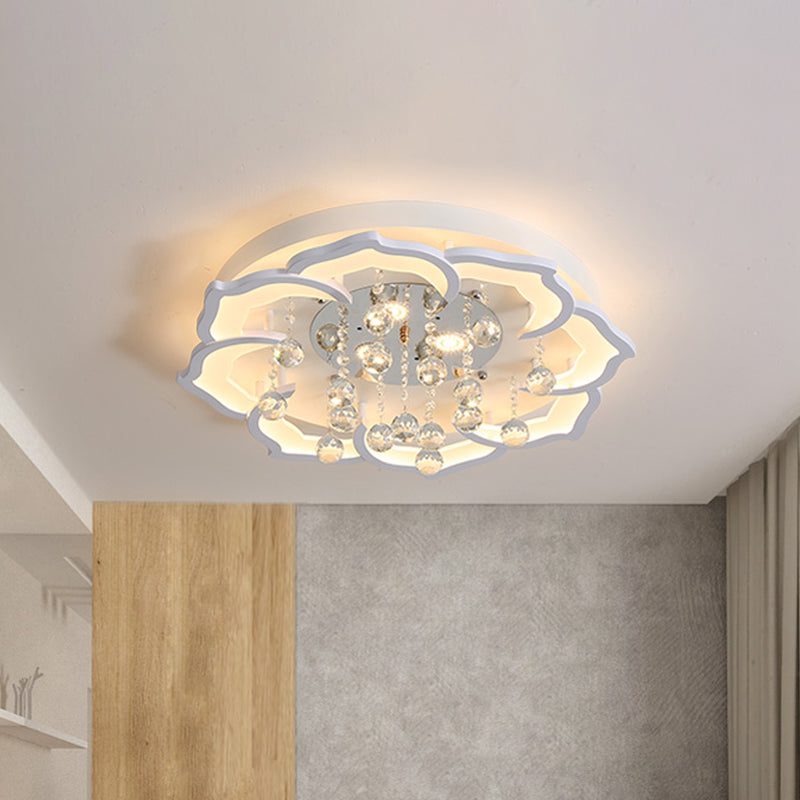 LED Bedroom Flushmount Lighting Simple White Finish Crystal Ceiling Light Fixture with Bloom Acrylic Shade in Warm/White Light, 21.5"/25.5" W White 25.5" Clearhalo 'Ceiling Lights' 'Close To Ceiling Lights' 'Close to ceiling' 'Flush mount' Lighting' 1918930