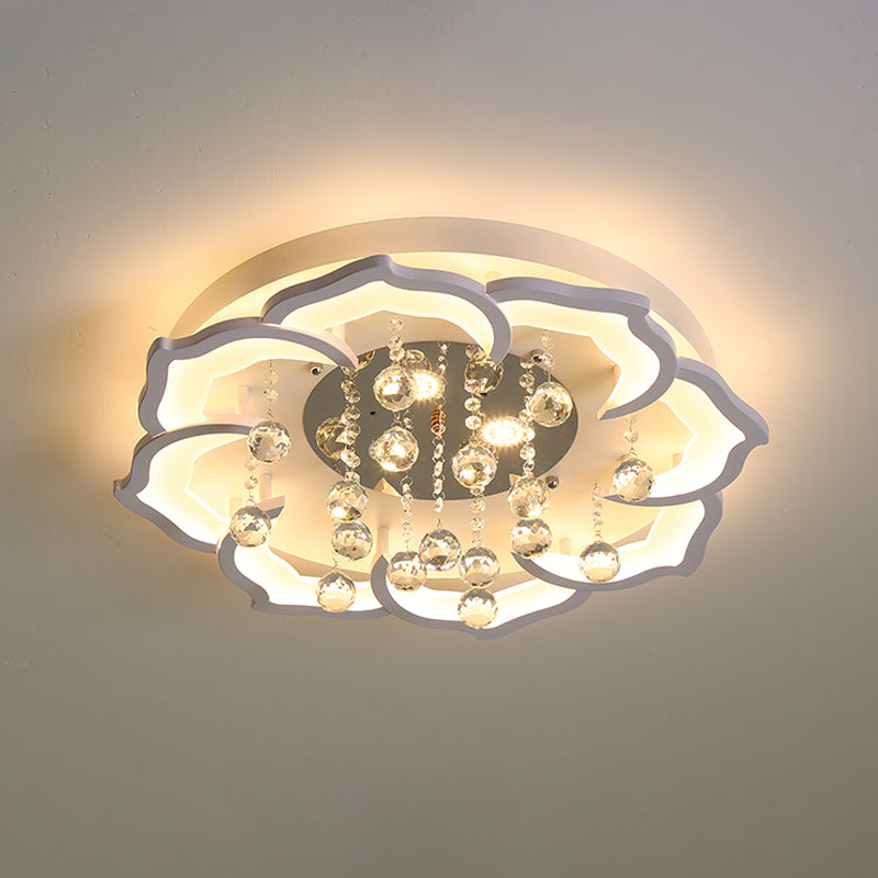 LED Bedroom Flushmount Lighting Simple White Finish Crystal Ceiling Light Fixture with Bloom Acrylic Shade in Warm/White Light, 21.5"/25.5" W Clearhalo 'Ceiling Lights' 'Close To Ceiling Lights' 'Close to ceiling' 'Flush mount' Lighting' 1918932