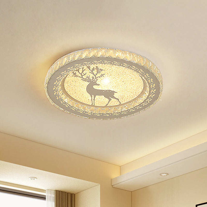 Modern Round Flush Light Fixture Clear Crystal Block LED Bedroom Ceiling Lighting in Warm/White Light with Deer Pattern Clear Clearhalo 'Ceiling Lights' 'Close To Ceiling Lights' 'Close to ceiling' 'Flush mount' Lighting' 1918972