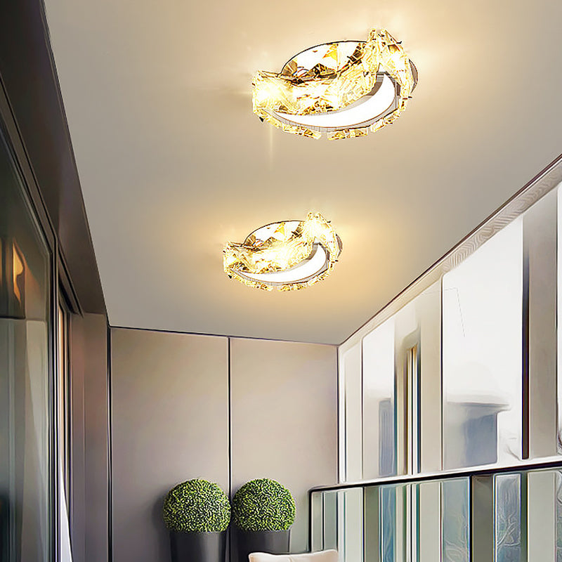 Simple Moon Flushmount Lighting Clear Faceted Crystal LED Hallway Close to Ceiling Light in Stainless-Steel Clearhalo 'Ceiling Lights' 'Close To Ceiling Lights' 'Close to ceiling' 'Flush mount' Lighting' 1918984