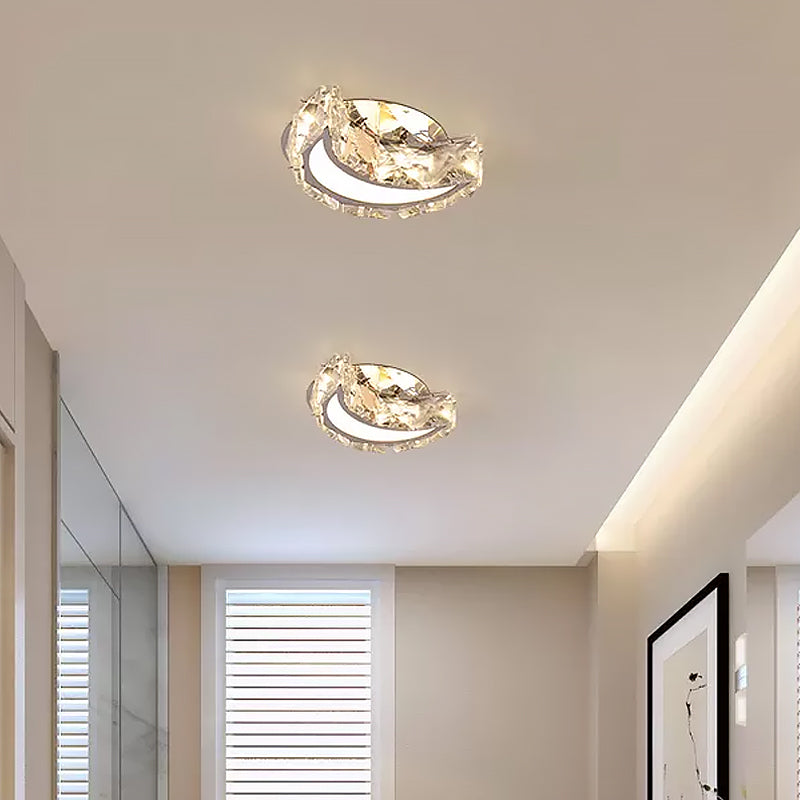 Simple Moon Flushmount Lighting Clear Faceted Crystal LED Hallway Close to Ceiling Light in Stainless-Steel Clearhalo 'Ceiling Lights' 'Close To Ceiling Lights' 'Close to ceiling' 'Flush mount' Lighting' 1918985