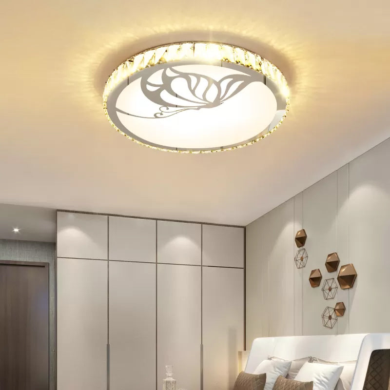 Crystal Round Ceiling Fixture Modernist LED White Flush Light in Warm/White Light with Butterfly/Petal Pattern White A Clearhalo 'Ceiling Lights' 'Close To Ceiling Lights' 'Close to ceiling' 'Flush mount' Lighting' 1918998