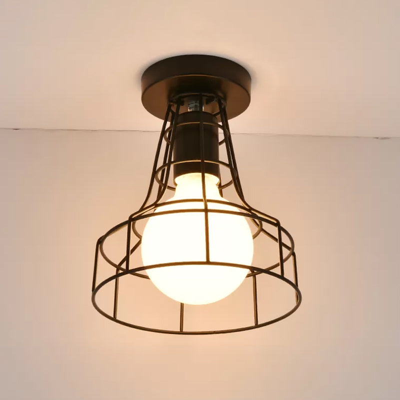 Urn/Vase Cage Metal Flush Mount Light Vintage Style 1 Bulb Living Room Ceiling Light Fixture in Black Clearhalo 'Ceiling Lights' 'Close To Ceiling Lights' 'Close to ceiling' 'Semi-flushmount' Lighting' 1919042