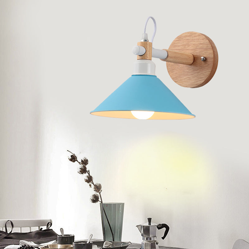 Macaroon Pyramid Shape Wall Sconce Metal and Wood 1 Light Wall Lamp for Dining Room Blue Clearhalo 'Wall Lamps & Sconces' 'Wall Lights' Lighting' 192031