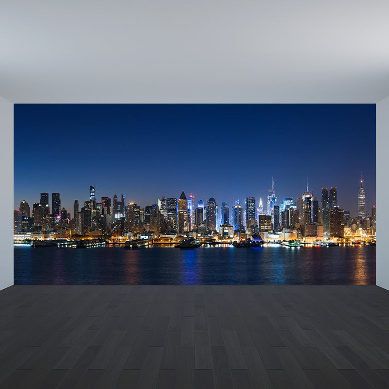 Photograph Night City Scenery Mural for Living Room, Dark Color, Personalized Size Dark Blue Clearhalo 'Wall Decor' 'Wall Mural' 1920457