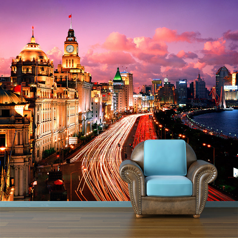 Urban Night City View Mural Bright Stain Resistant Wall Covering for Living Room Pink Clearhalo 'Wall Decor' 'Wall Mural' 1920507