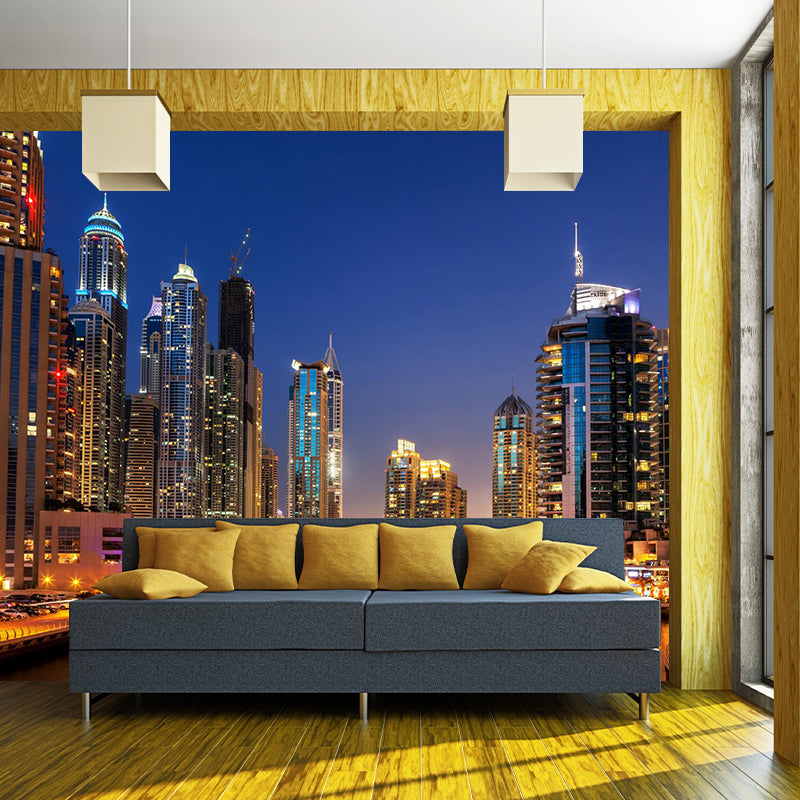 Urban Night City View Mural Bright Stain Resistant Wall Covering for Living Room Orange Clearhalo 'Wall Decor' 'Wall Mural' 1920522