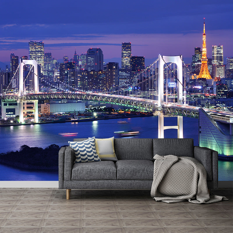 Urban Night City View Mural Bright Stain Resistant Wall Covering for Living Room Purple Clearhalo 'Wall Decor' 'Wall Mural' 1920527