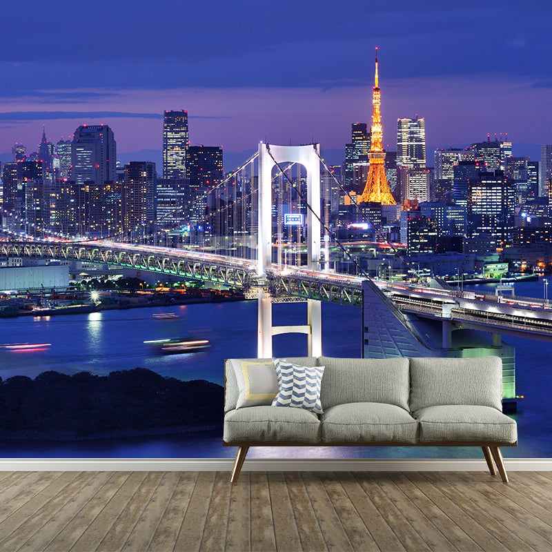 Urban Night City View Mural Bright Stain Resistant Wall Covering for Living Room Clearhalo 'Wall Decor' 'Wall Mural' 1920529