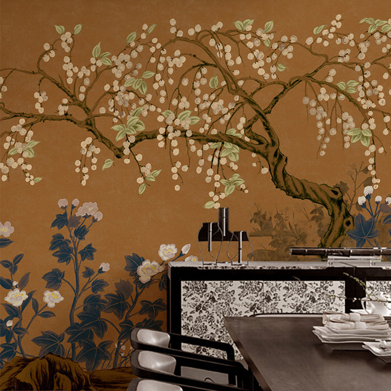 Asia Longan Trees Harvest Mural Dark Color Flower Wall Art for Dining Room, Custom-Made Coffee Clearhalo 'Wall Decor' 'Wall Mural' 1920540