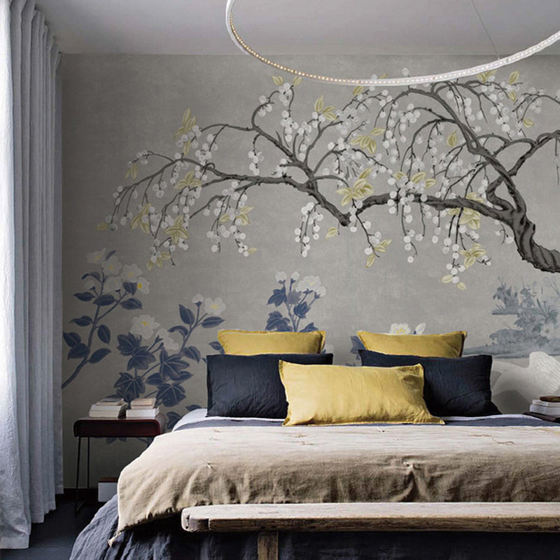 Asia Longan Trees Harvest Mural Dark Color Flower Wall Art for Dining Room, Custom-Made Gray-White Clearhalo 'Wall Decor' 'Wall Mural' 1920545