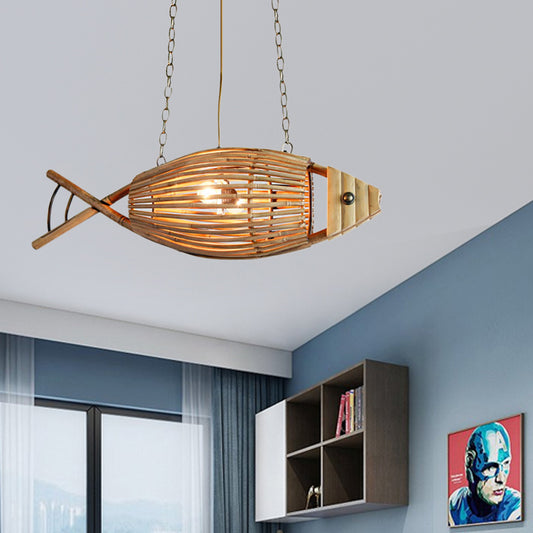 Coastal Style Fish Shaped Chandelier Light Fixture Bamboo 1 Light Bedroom Suspension Lamp in Beige Clearhalo 'Ceiling Lights' 'Chandeliers' Lighting' options 192066