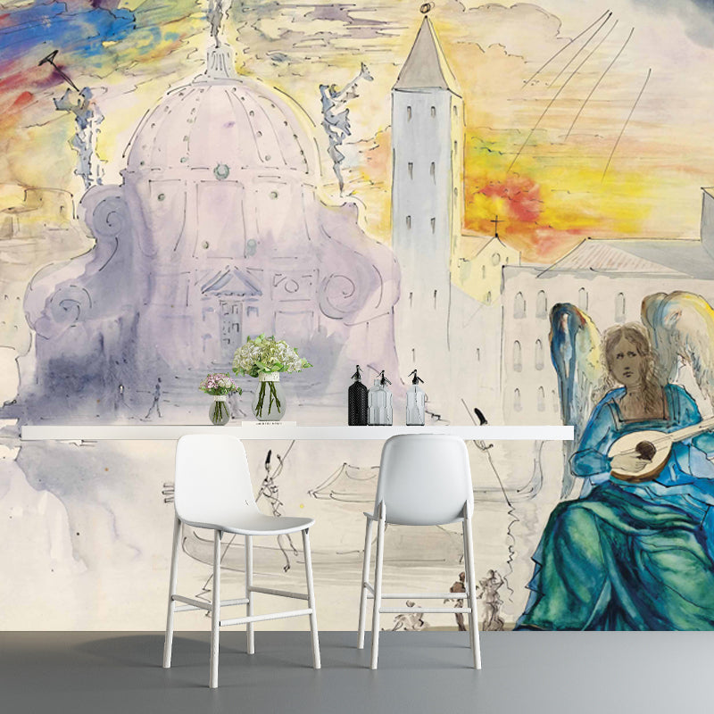 Surreal City of Rivers Mural in Blue Stain Resistant Wall Covering for Accent Wall Clearhalo 'Wall Decor' 'Wall Mural' 1920816