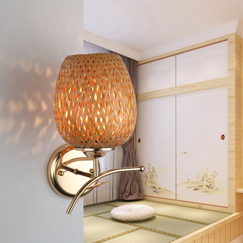 Rattan Dome Shade Sconce Light Fixture Contemporary Style 1-Light Wall Lamp in Beige Beige Clearhalo 'Wall Lamps & Sconces' 'Wall Lights' Lighting' 192098