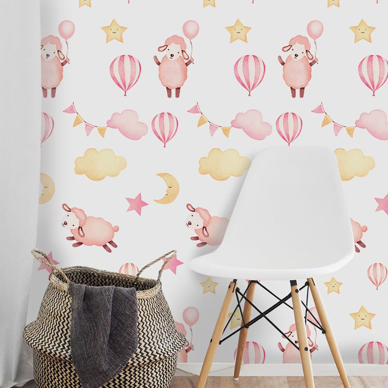 Pink Sheep Wallpaper Panel Set Animal Pattern Cartoon Peel off Wall Art for Baby Room Clearhalo 'Wall Decor' 'Wallpaper' 1922048