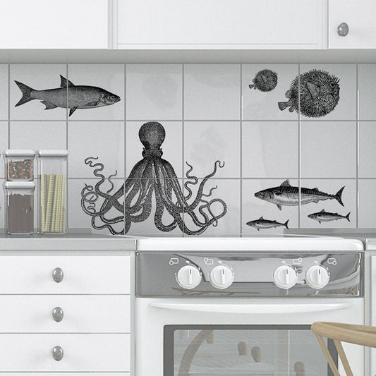 Aquatic Creatures Wallpaper Panels Kids Pick Up Sticks Kitchen Wall Art, 8' x 8" Clearhalo 'Wall Decor' 'Wallpaper' 1922097