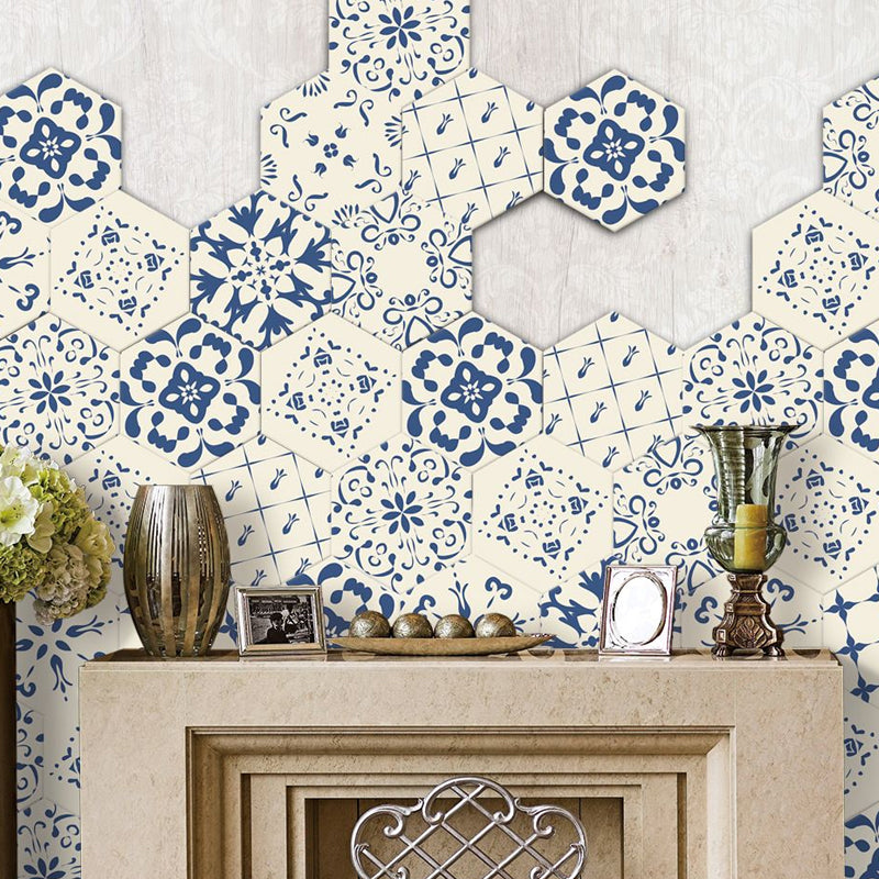 Adhesive Flower-Like Tile Wallpapers Blue Bohemian Wall Art for Living Room, 9' L x 8" W Clearhalo 'Wall Decor' 'Wallpaper' 1922417