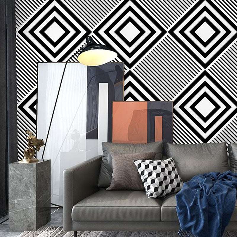 Modern Peel Wallpaper Roll Grey Diamond and Diagonal Stripe Wall Art, 31' L x 20.5" W Black-White 1 Set Clearhalo 'Modern wall decor' 'Modern' 'Wallpaper' Wall Decor' 1922492