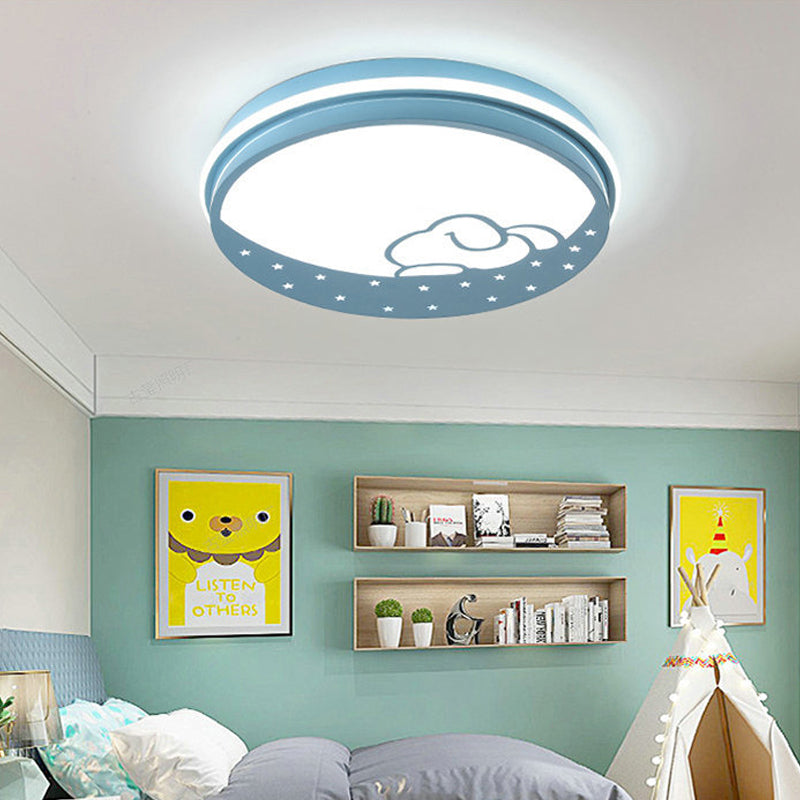 Lovely Circle LED Flush Ceiling Light with Moon & Rabbit Metal Whit Ceiling Lamp for Kindergarten Blue Clearhalo 'Ceiling Lights' 'Close To Ceiling Lights' 'Close to ceiling' 'Flush mount' Lighting' 192479