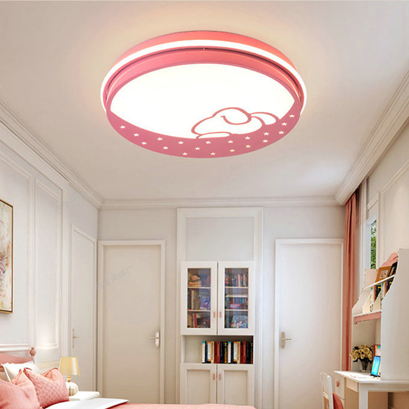 Lovely Circle LED Flush Ceiling Light with Moon & Rabbit Metal Whit Ceiling Lamp for Kindergarten Pink Clearhalo 'Ceiling Lights' 'Close To Ceiling Lights' 'Close to ceiling' 'Flush mount' Lighting' 192487