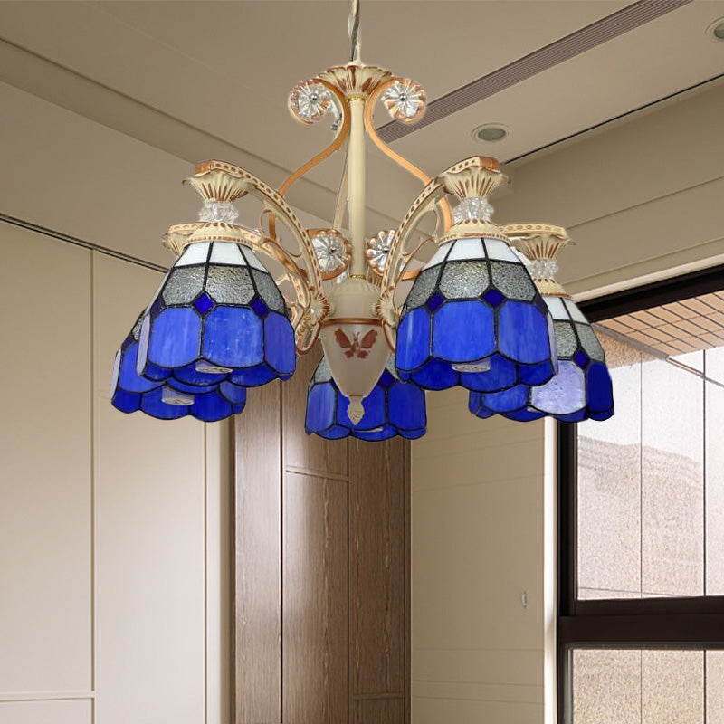 19"/19.5" W Orange/Blue Cut Glass Pendant Chandelier Dome 3/5 Lights Baroque Grid Patterned Ceiling Lamp with Curved Arm Blue 19.5" Clearhalo 'Ceiling Lights' 'Chandeliers' 'Industrial' 'Middle Century Chandeliers' 'Tiffany Chandeliers' 'Tiffany close to ceiling' 'Tiffany' Lighting' 1926804