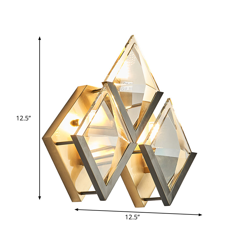 Rhombus Shaped Wall Lighting Modern Style Clear Crystal and Metal 3 Lights Golden Wall Sconce Light Clearhalo 'Modern wall lights' 'Modern' 'Wall Lamps & Sconces' 'Wall Lights' Lighting' 1926823