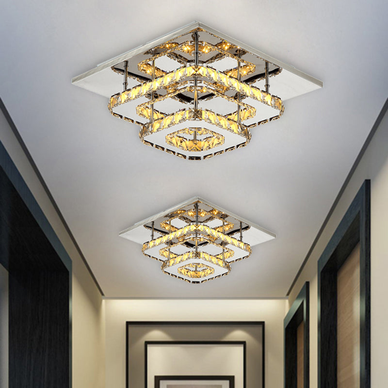 Square Layered Flush Mount Light Modern Amber Crystal Block Ceiling Light in Chrome Amber Clearhalo 'Ceiling Lights' 'Close To Ceiling Lights' 'Close to ceiling' 'Semi-flushmount' Lighting' 1926825