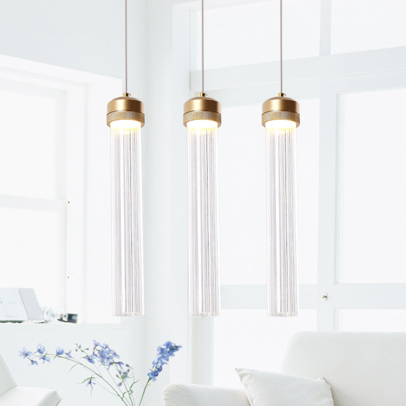 Clear Ribbed Glass Island Pendant Gold Finish Column Crystal Island Light 3 Gold Clearhalo 'Ceiling Lights' 'Modern Pendants' 'Modern' 'Pendant Lights' 'Pendants' Lighting' 1926860