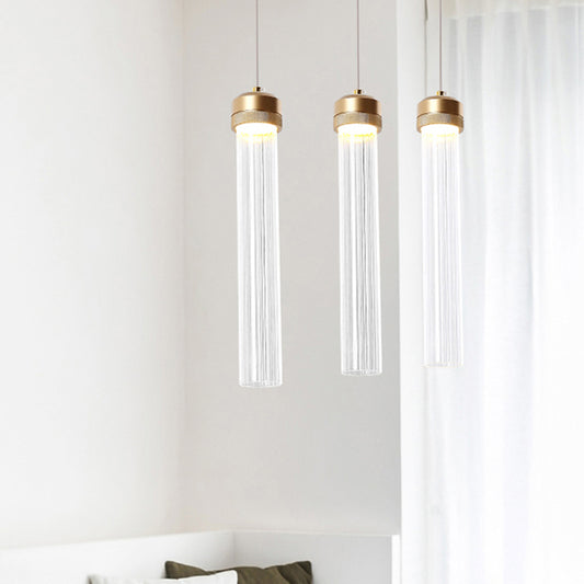 Clear Ribbed Glass Island Pendant Gold Finish Column Crystal Island Light Clearhalo 'Ceiling Lights' 'Modern Pendants' 'Modern' 'Pendant Lights' 'Pendants' Lighting' 1926861