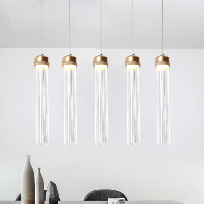 Clear Ribbed Glass Island Pendant Gold Finish Column Crystal Island Light 5 Gold Clearhalo 'Ceiling Lights' 'Modern Pendants' 'Modern' 'Pendant Lights' 'Pendants' Lighting' 1926864