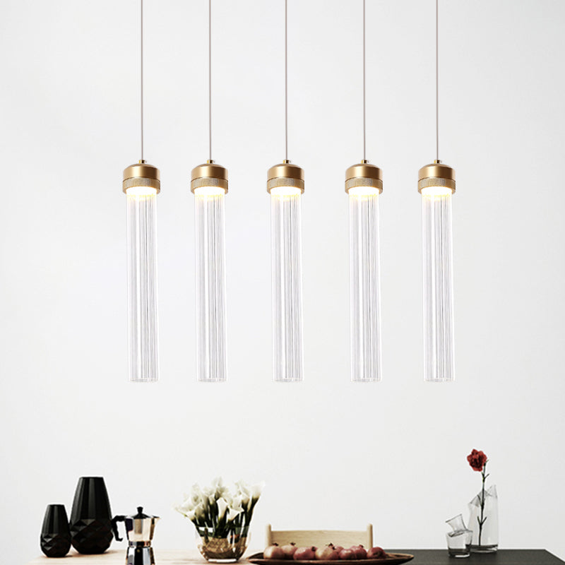 Clear Ribbed Glass Island Pendant Gold Finish Column Crystal Island Light Clearhalo 'Ceiling Lights' 'Modern Pendants' 'Modern' 'Pendant Lights' 'Pendants' Lighting' 1926865