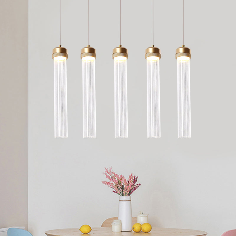 Clear Ribbed Glass Island Pendant Gold Finish Column Crystal Island Light Clearhalo 'Ceiling Lights' 'Modern Pendants' 'Modern' 'Pendant Lights' 'Pendants' Lighting' 1926866