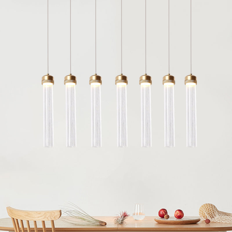 Clear Ribbed Glass Island Pendant Gold Finish Column Crystal Island Light 7 Gold Clearhalo 'Ceiling Lights' 'Modern Pendants' 'Modern' 'Pendant Lights' 'Pendants' Lighting' 1926869