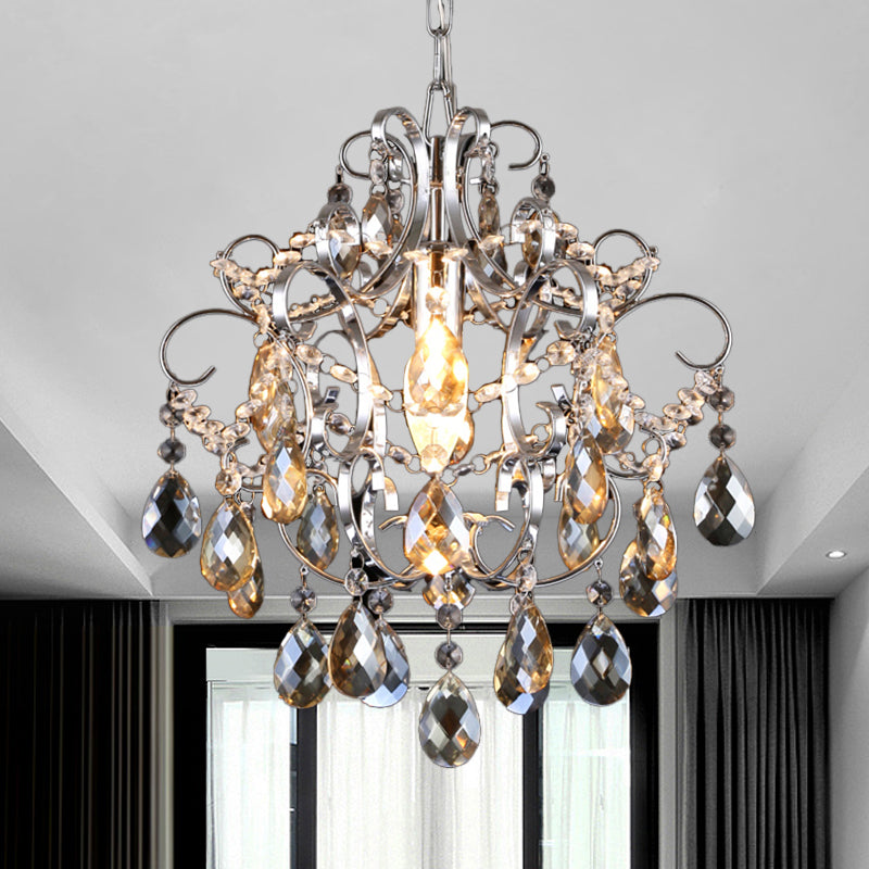 Crystal Drops Chandelier Curved Arm Polish Chrome Finish Chandelier Amber Clearhalo 'Ceiling Lights' 'Modern Pendants' 'Modern' 'Pendant Lights' 'Pendants' Lighting' 1926904