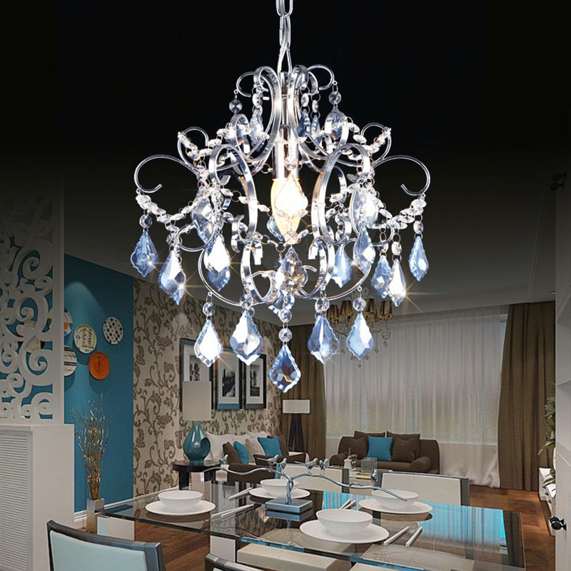 Crystal Drops Chandelier Curved Arm Polish Chrome Finish Chandelier Blue Clearhalo 'Ceiling Lights' 'Modern Pendants' 'Modern' 'Pendant Lights' 'Pendants' Lighting' 1926908