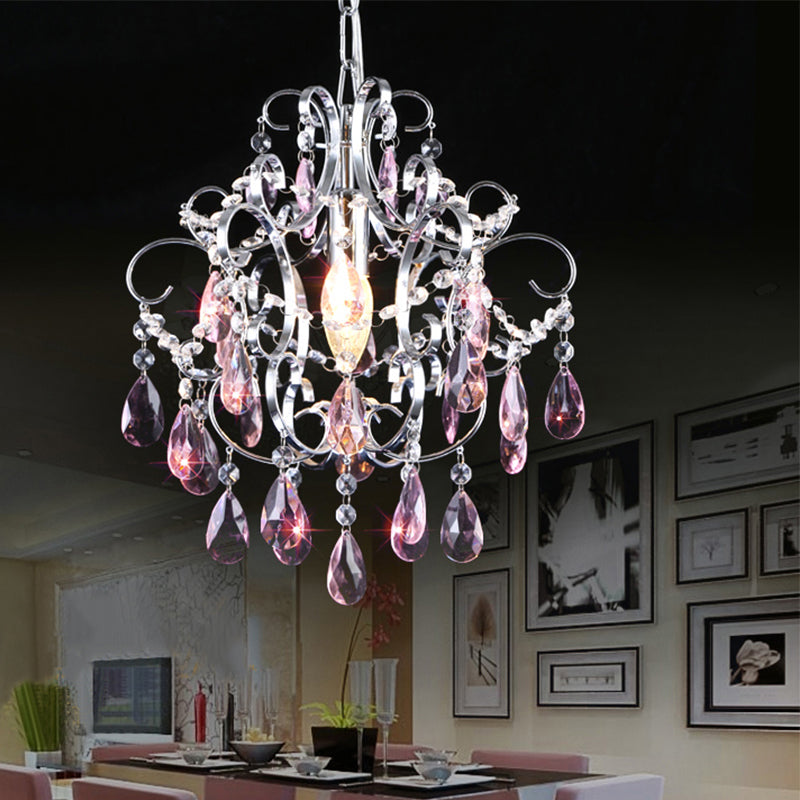 Crystal Drops Chandelier Curved Arm Polish Chrome Finish Chandelier Pink Clearhalo 'Ceiling Lights' 'Modern Pendants' 'Modern' 'Pendant Lights' 'Pendants' Lighting' 1926913