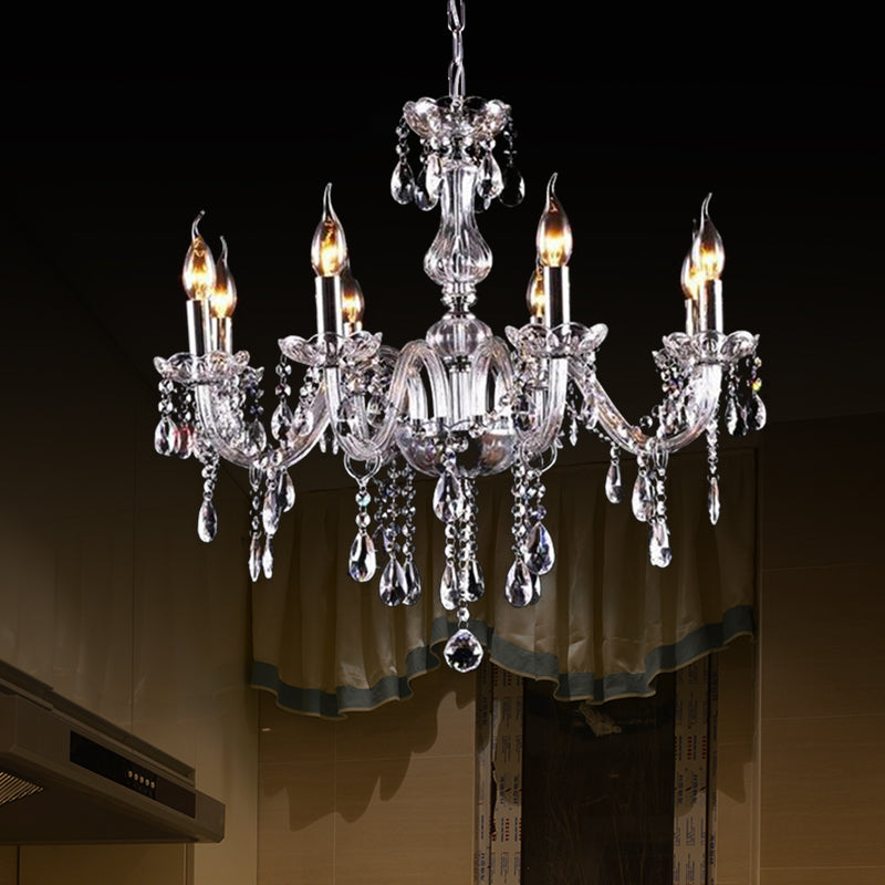 Glam Candle-Style Curving Arm Chandelier Crystal Strands Chandelier in Chrome Finish Clearhalo 'Ceiling Lights' 'Chandeliers' Lighting' options 1927011