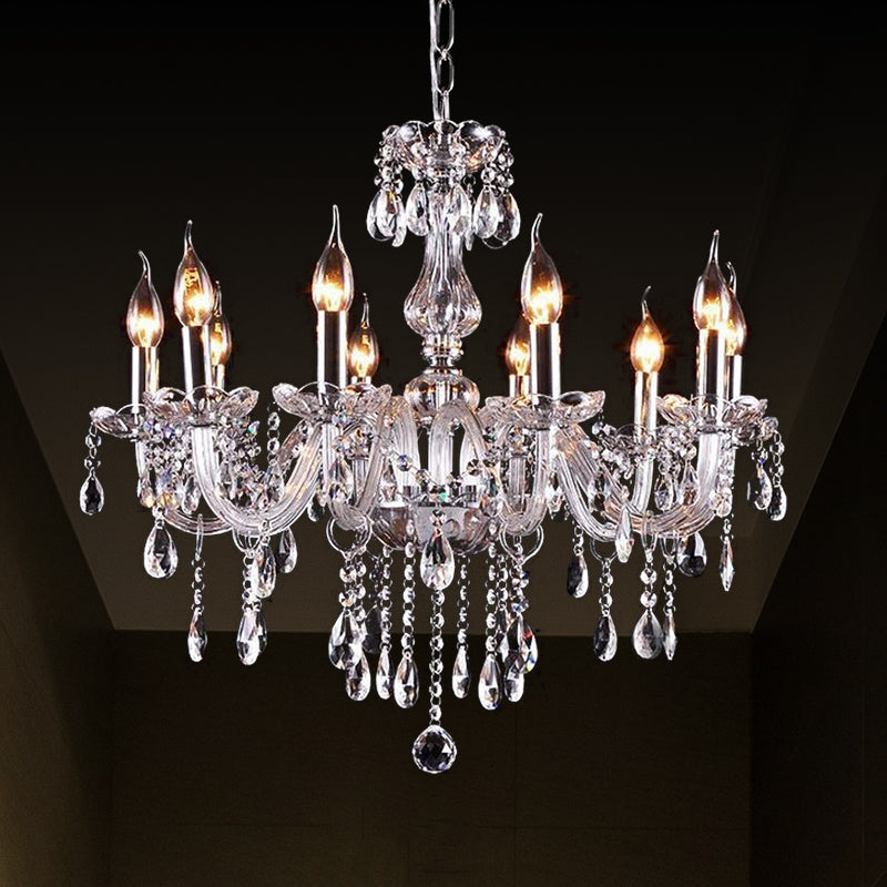 Glam Candle-Style Curving Arm Chandelier Crystal Strands Chandelier in Chrome Finish Clearhalo 'Ceiling Lights' 'Chandeliers' Lighting' options 1927015