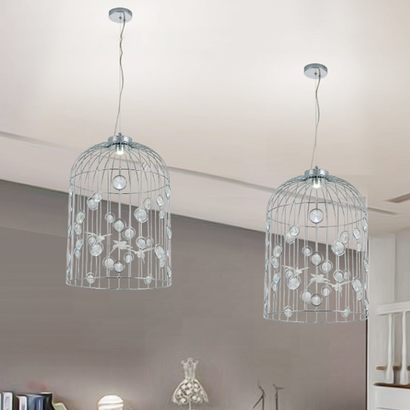 Metal Bird Cage Pendant Light Crystal Bead Deco Pendant Chandelier for Dining Room Silver Clearhalo 'Ceiling Lights' 'Modern Pendants' 'Modern' 'Pendant Lights' 'Pendants' Lighting' 1927057